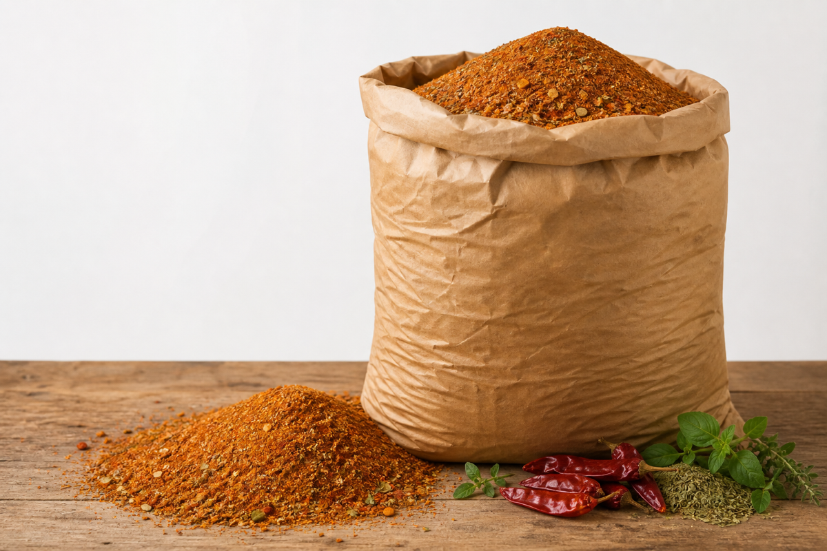 Bulk botanical chili and herb poultry feed blend in an industrial sack