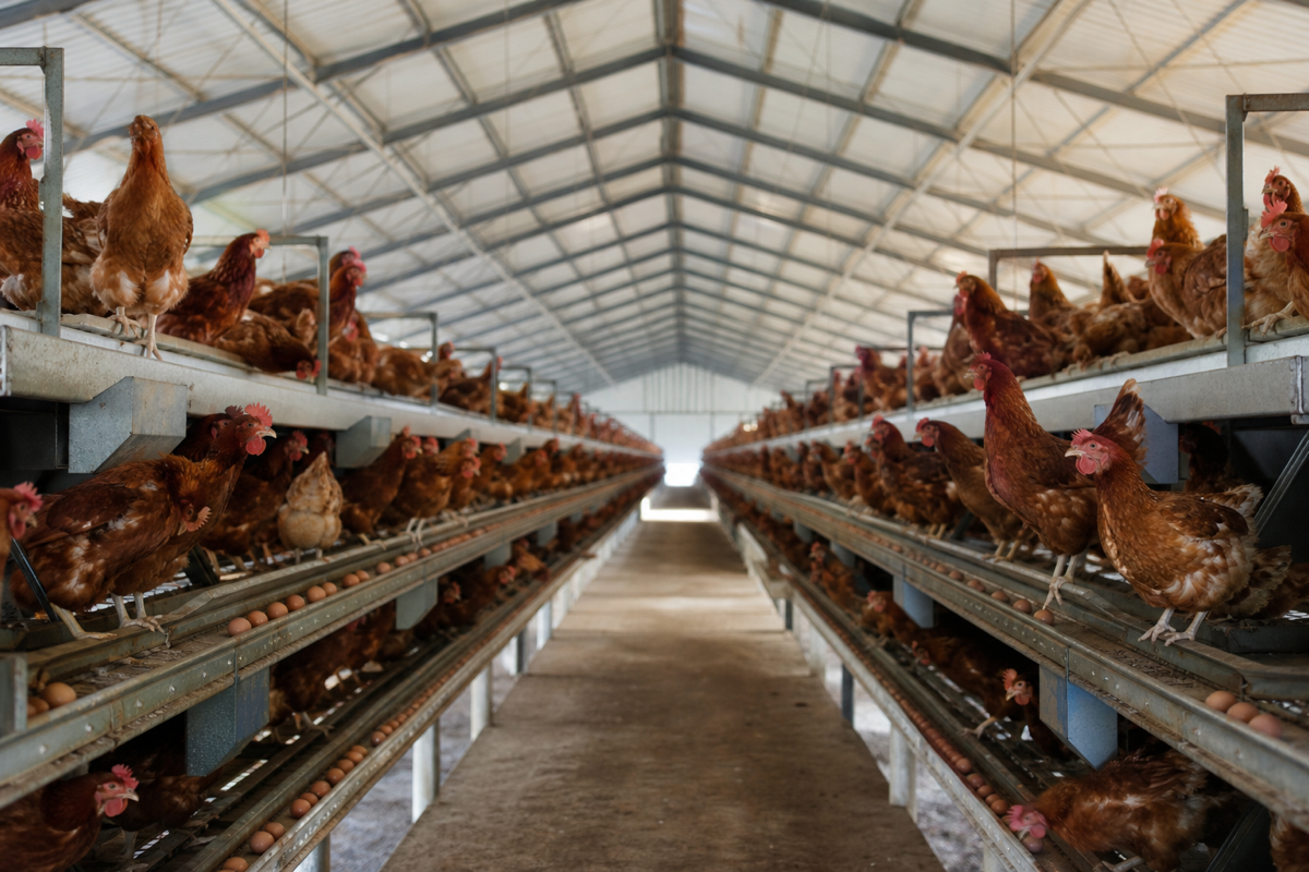 Commercial poultry operation with laying hens in a modern barn